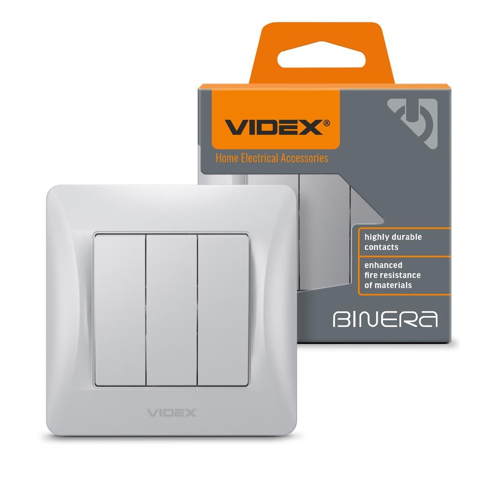 Выключатель трехклавишный Videx Binera Серебряный шелк (12103)