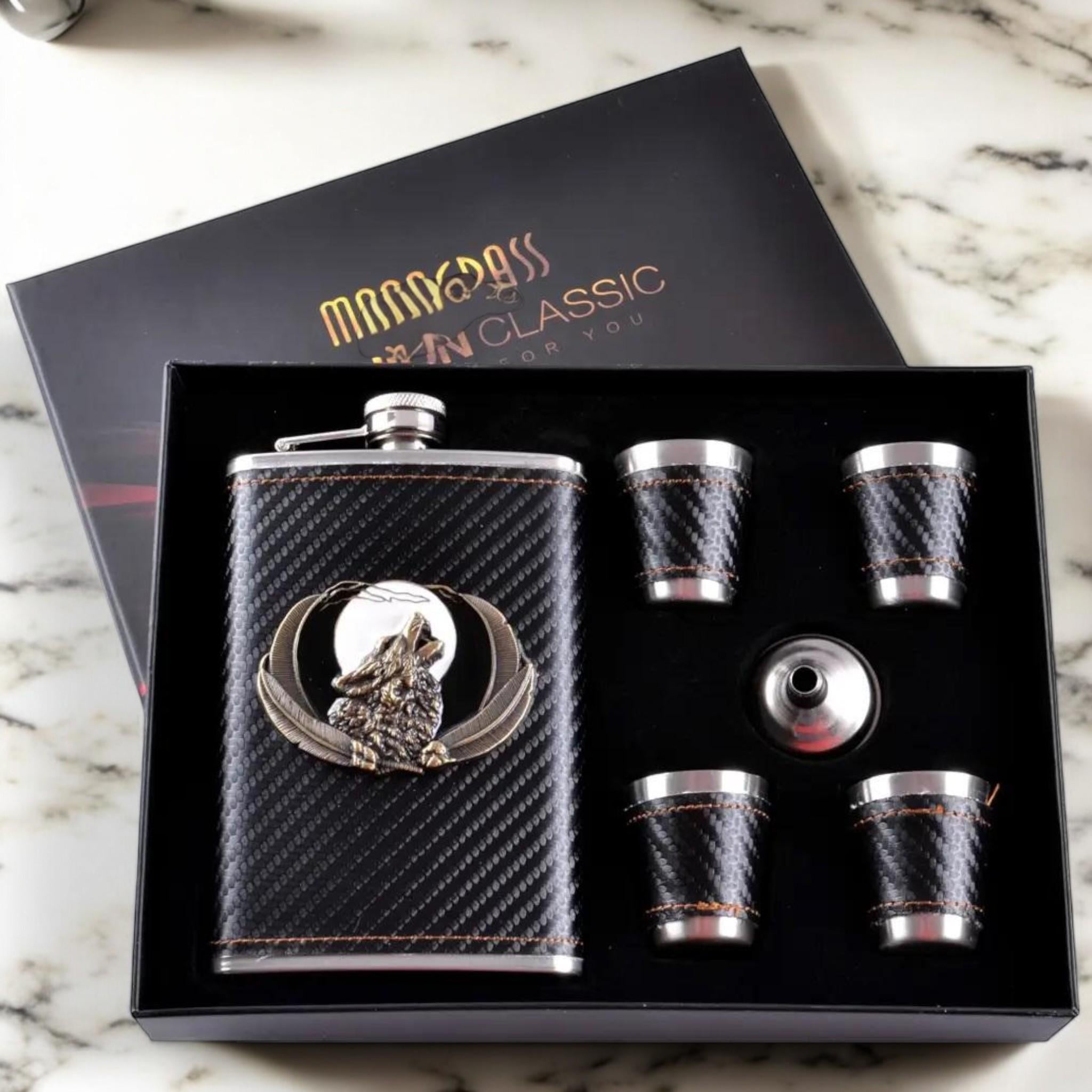 Набор подарочный MOONGRASS 6в1 Wolf фляга 266 мл/лейка/стопки 4 шт. Black (F_DJH-1493)