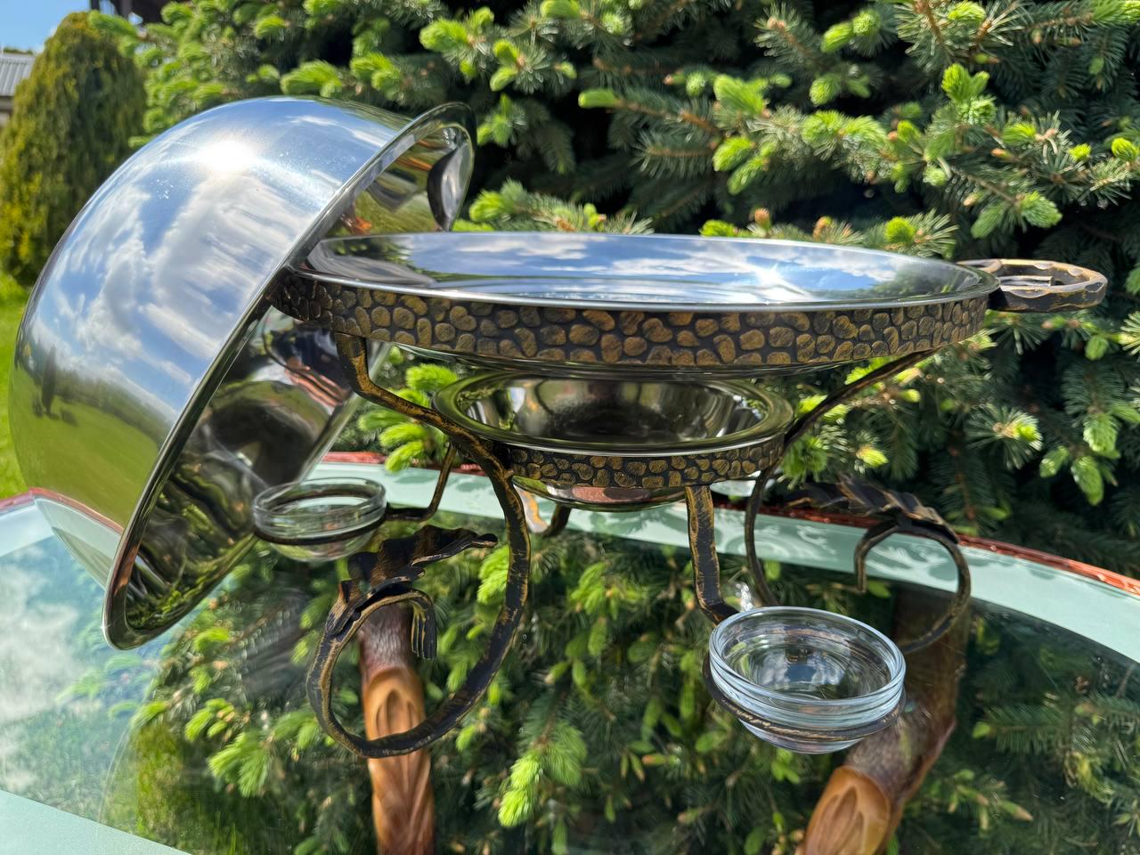 Садж підставка для шашлику та м'яса з 3 соусницями та підігрівом ручної роботи 36 см - фото 4 Садж підставка для шашлику та м'яса з 3 соусницями та підігрівом ручної роботи 36 см - фото 4