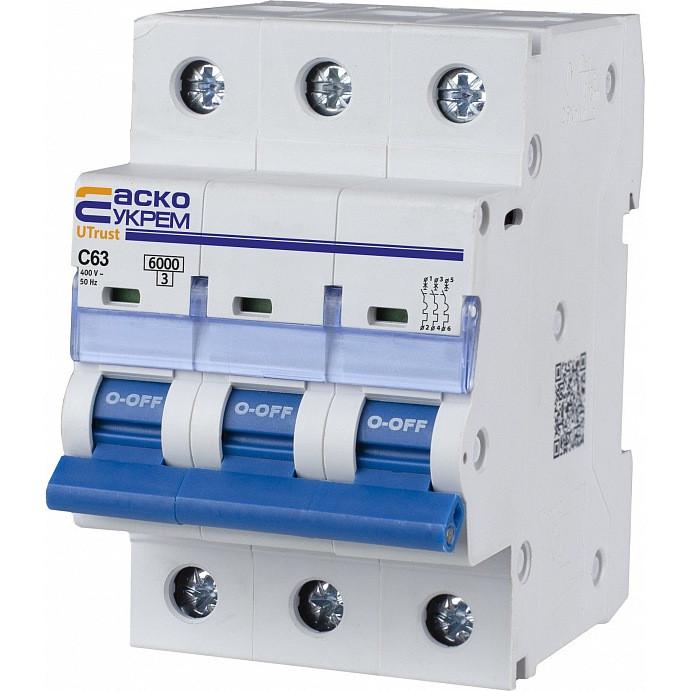 Автоматичний вимикач модульнй Аско-Укрем UTrust 3 полюси 63А тип C 6kА A0010210085 (50575) Автоматичний вимикач модульнй Аско-Укрем UTrust 3 полюси 63А тип C 6kА A0010210085 (50575)