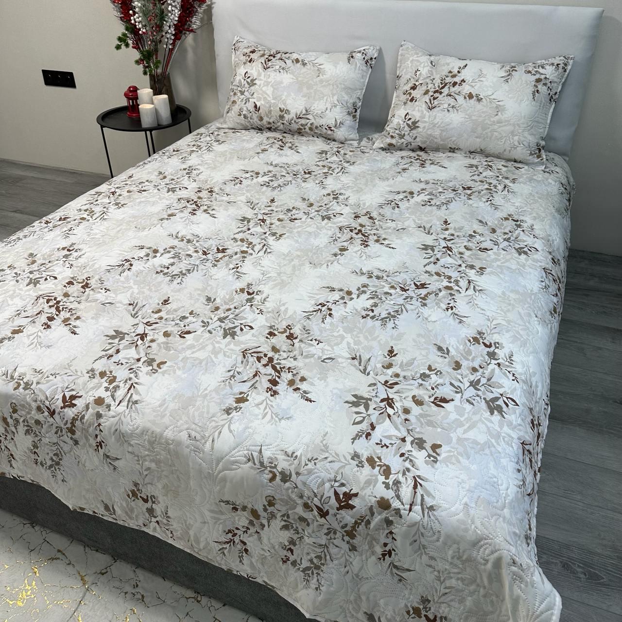 Набір покривало стьобане 200x230 см/2 наволочки 50x70 см із квітковим малюнком Бежевий (PS-1-3)