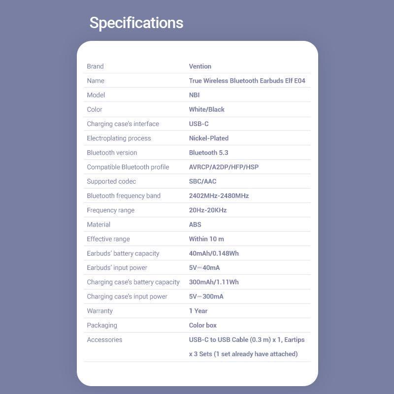 Навушники бездротові Vention Elf E04 Bluetooth 5.3 шумозаглушення TWS 10 мм 22 год відтверення AAC/SBC Hi-Fi водонепроникні IPX5 Білий (NBIW0) - фото 8 Навушники бездротові Vention Elf E04 Bluetooth 5.3 шумозаглушення TWS 10 мм 22 год відтверення AAC/SBC Hi-Fi водонепроникні IPX5 Білий (NBIW0) - фото 8