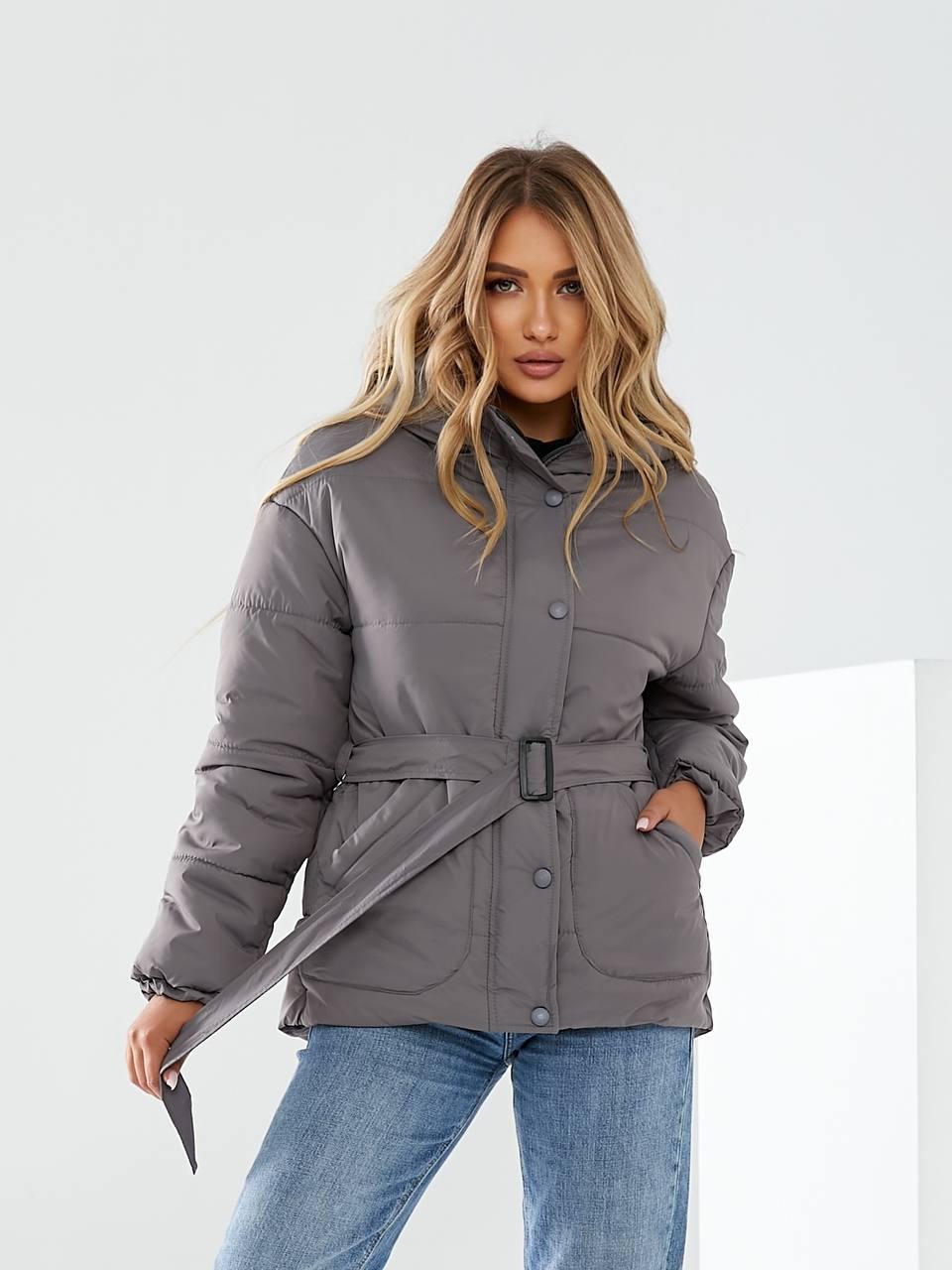 Куртка утеплена Khan коротка з поясом р. 42 Темно-сірий (Kh332) - фото 3 Куртка утеплена Khan коротка з поясом р. 42 Темно-сірий (Kh332) - фото 3