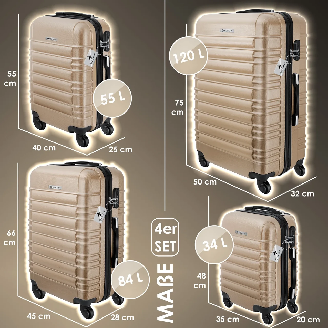 Набір із 4 дорожніх валіз KESSER з твердим корпусом S M/L/XL Шампань - фото 2 Набір із 4 дорожніх валіз KESSER з твердим корпусом S M/L/XL Шампань - фото 2