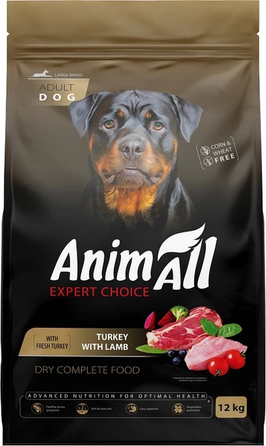 Корм сухой полнорационный AnimAll для собак больших пород с индейкой и ягненком 12 кг (178609)