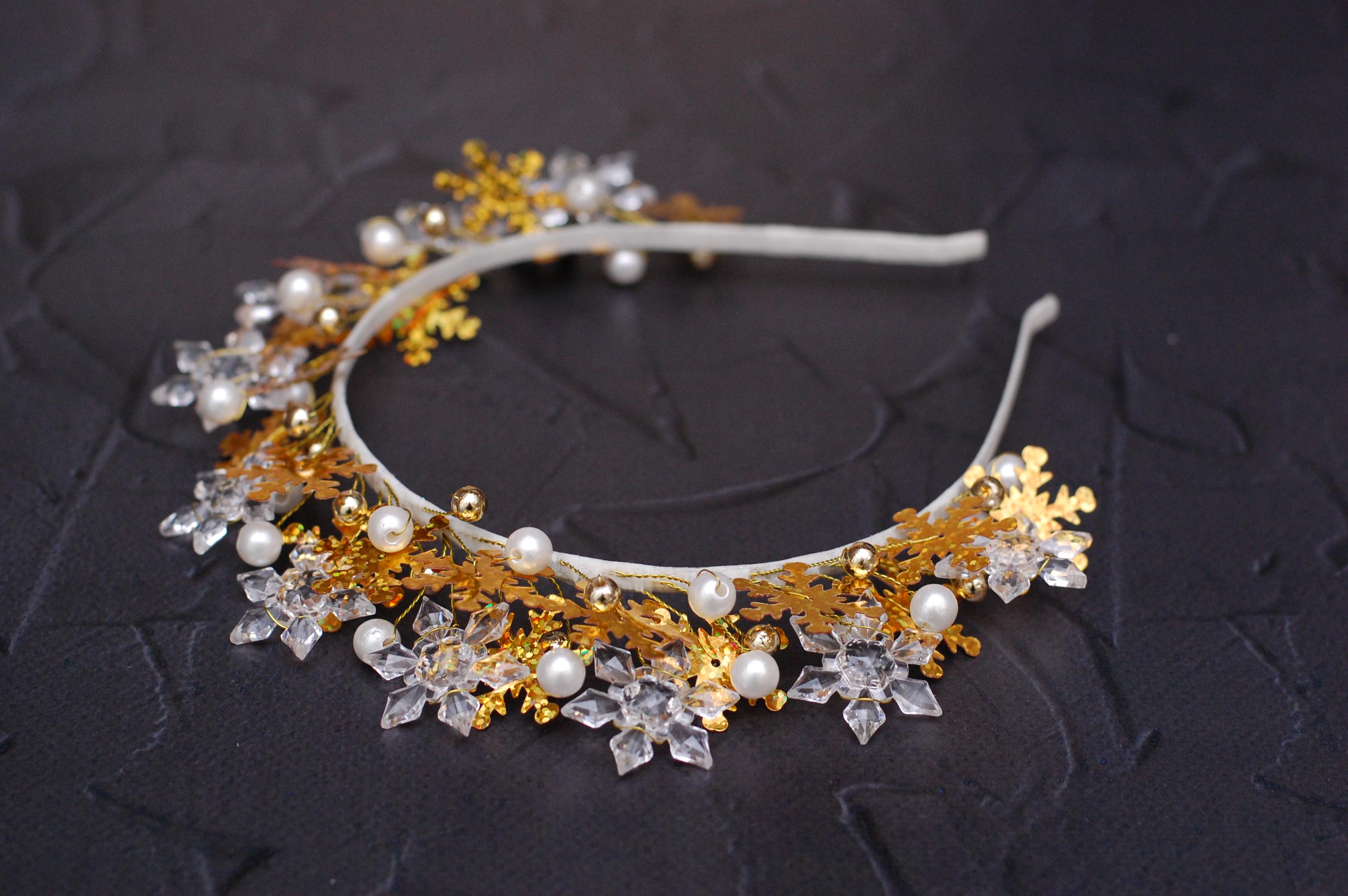 Обруч для волос новогодний снежинки снежной королевы Золотой (245)