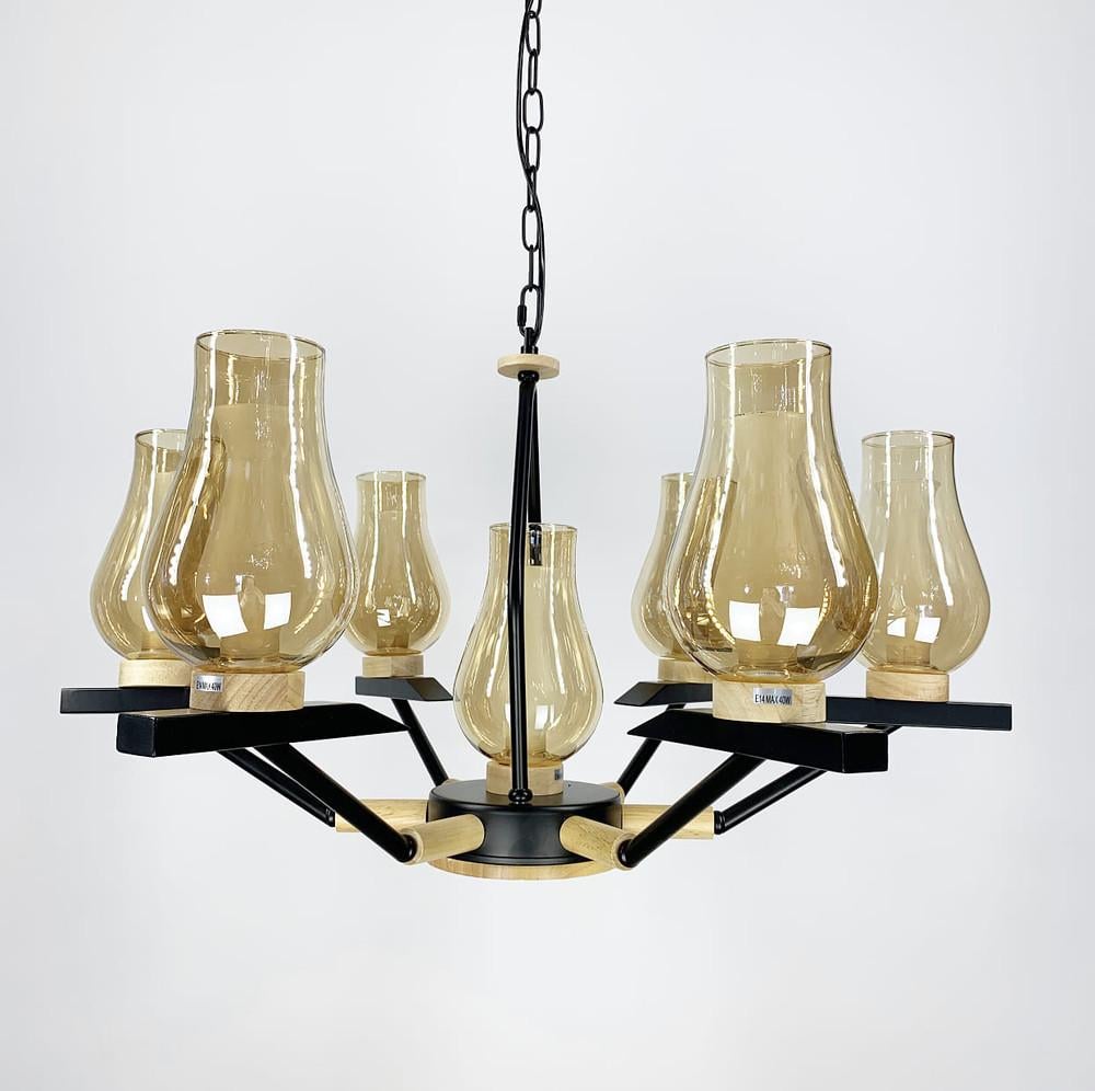 Люстра подвесная с деревянной фурнитурой на 7 плафонов Янтарный (ZL 467/6+1)