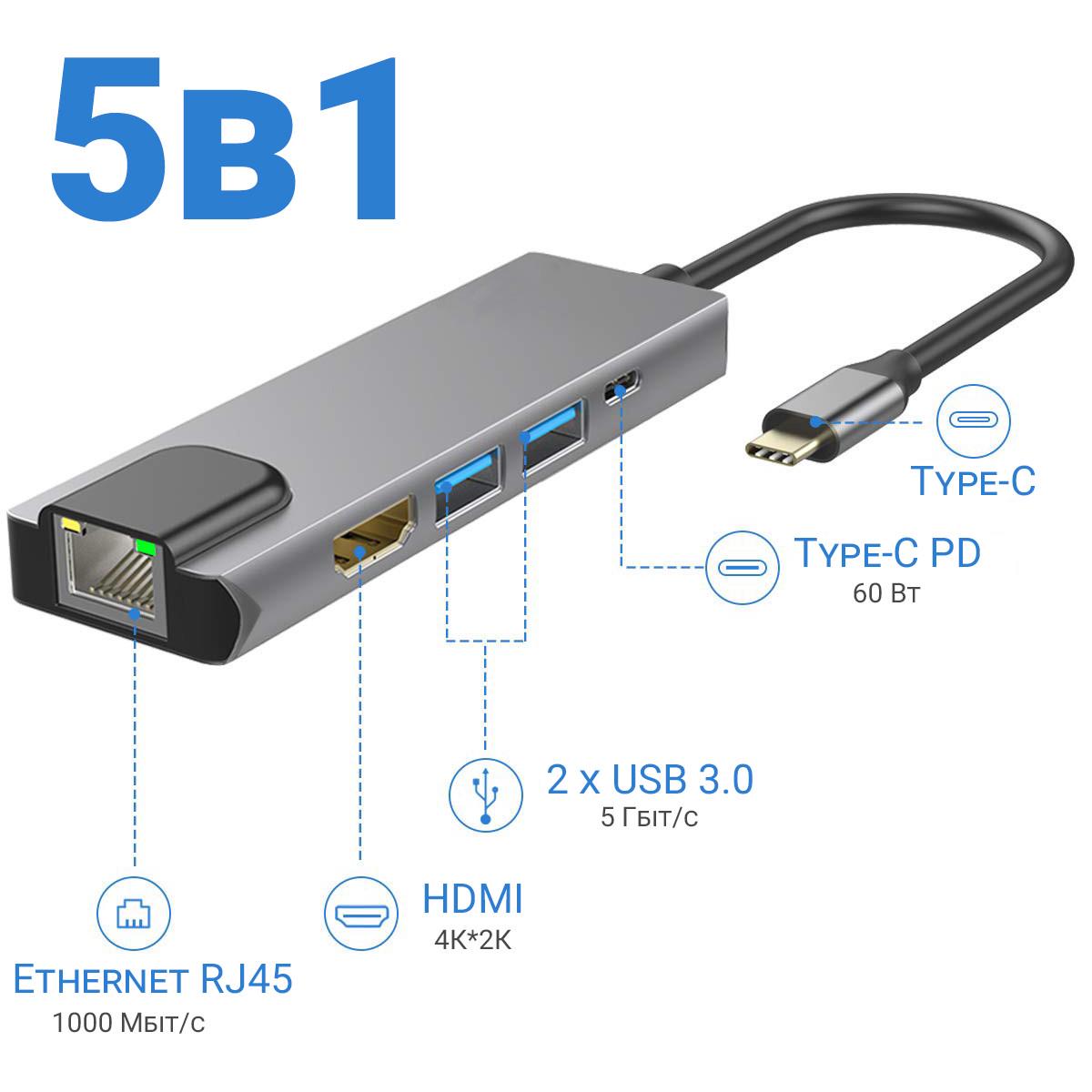 USB Type-C хаб-розгалужувач Digital Lion MH-09 концентратор 5в1 - фото 6