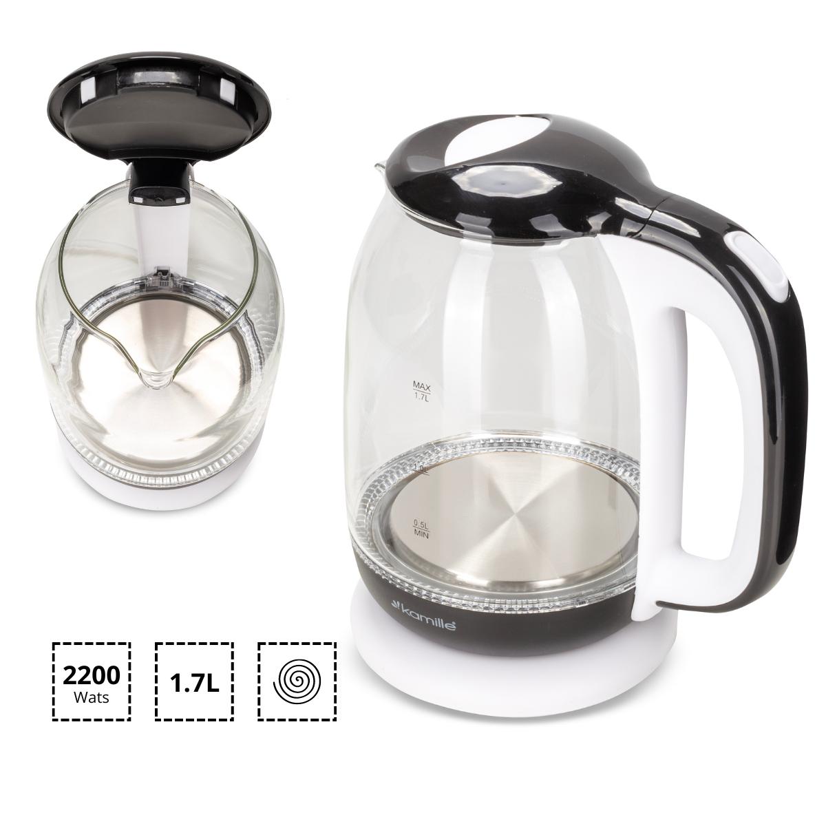 Електрочайник на підставці Kamille KM-1720В скляний з підсвічуванням та індикатором рівня води 2200 W 1,7 л Чорно-білий (124-84-1720В) - фото 5 Електрочайник на підставці Kamille KM-1720В скляний з підсвічуванням та індикатором рівня води 2200 W 1,7 л Чорно-білий (124-84-1720В) - фото 5