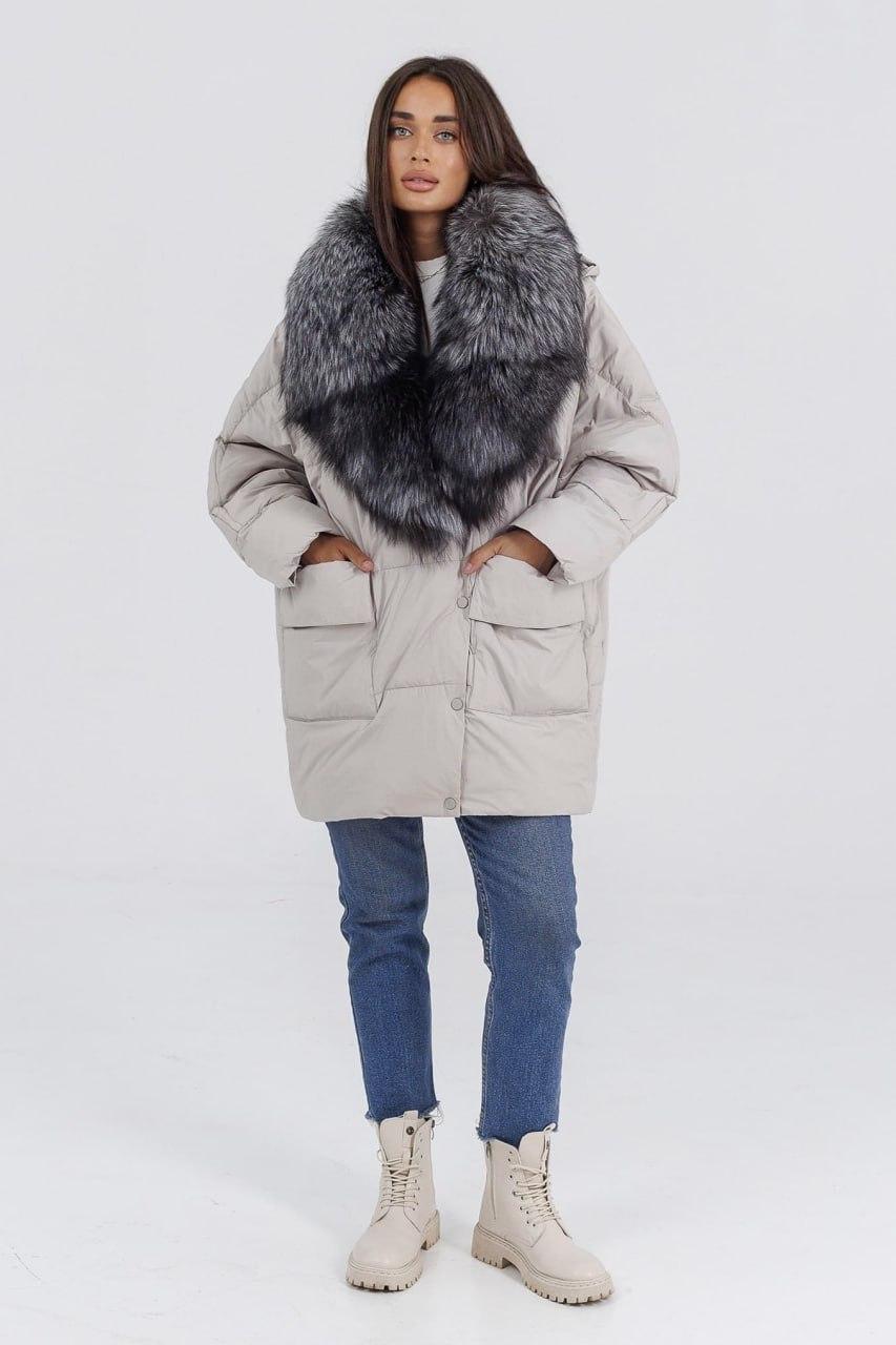 Куртка-пуховик жіноча з хутром чорнобурої лисиці р. 46 Айворі (8887b/46) - фото 3 Куртка-пуховик жіноча з хутром чорнобурої лисиці р. 46 Айворі (8887b/46) - фото 3