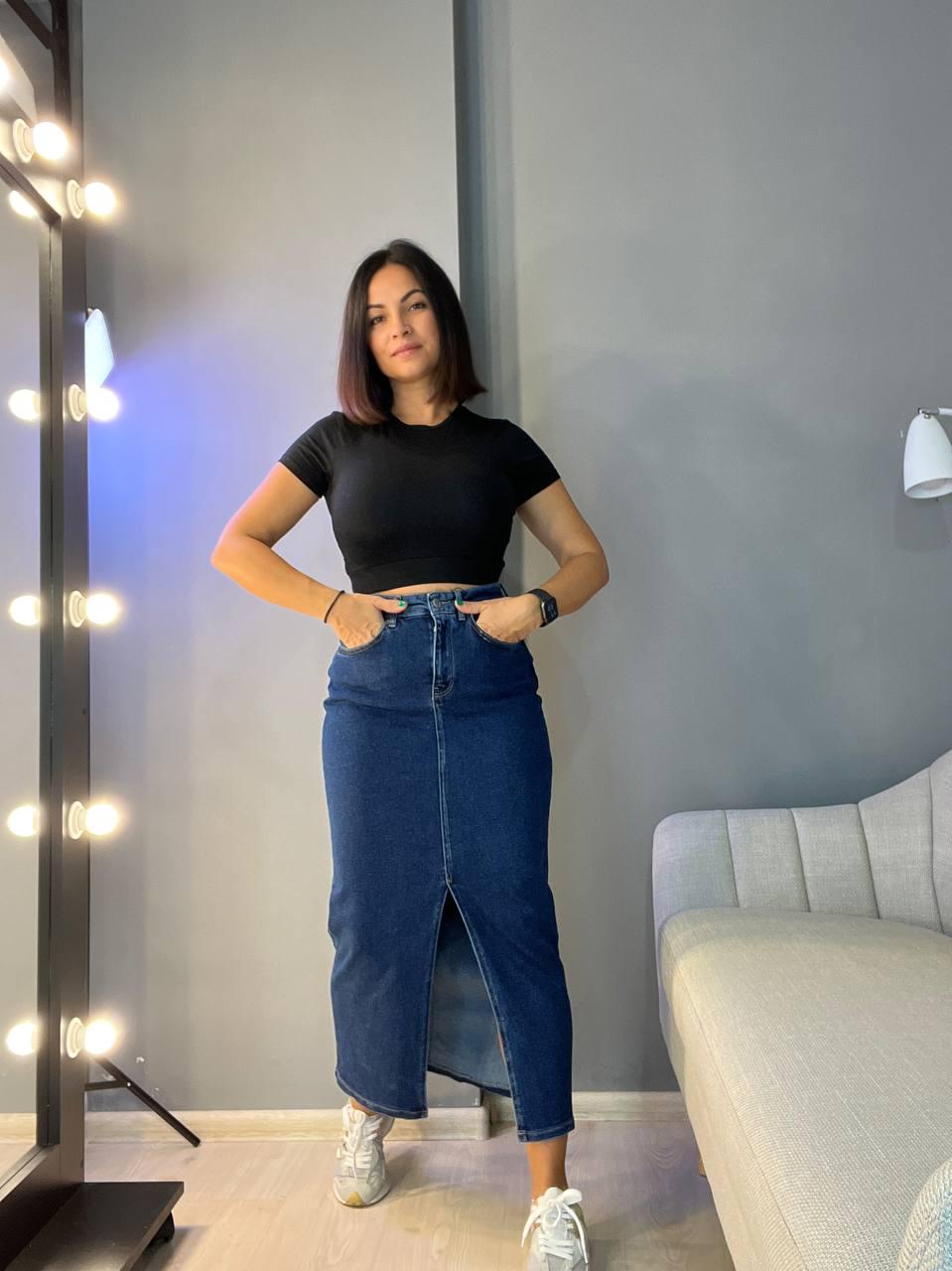 Юбка женская Zeo Basic 3805 джинсовая разрез по бокам разрез впереди длинная стрейчевая р. 34 Синий (1156)