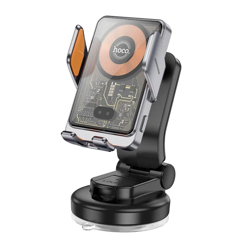 Автотримач для телефона з БЗП Hoco HW8 Transparent Discovery Edition wireless fast charging car holder center console Metal Gray (6942007608152)