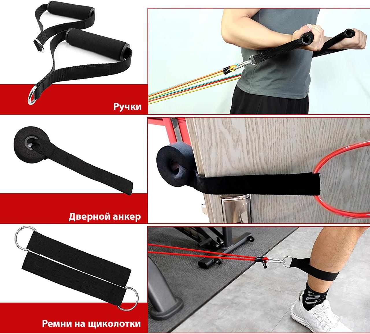 Набор трубчатых эспандеров WCG T15 рукоятки/манжеты/якорь/чехол 5 резинок до 45 кг (T15) - фото 5