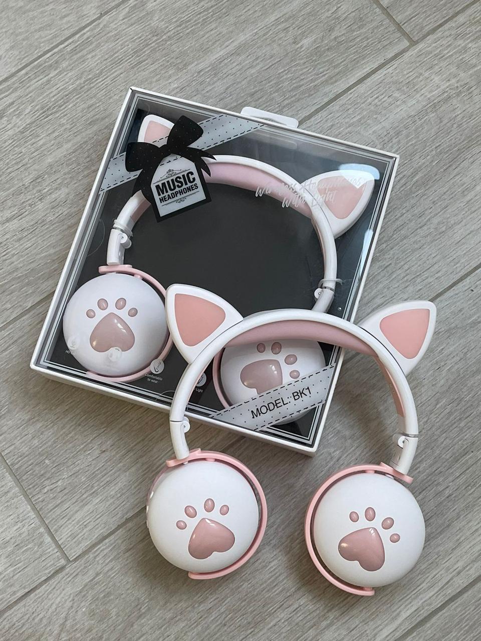 Наушники беспроводные Bluetooth BK-1 с ушками котика Бело-розовый (26389228) - фото 7