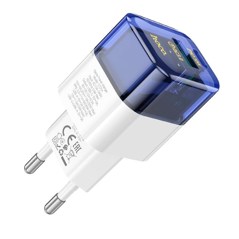 Адаптер мережевий Hoco C131A USB Type-C 30 W 3 A Transparent/Blue (594422)