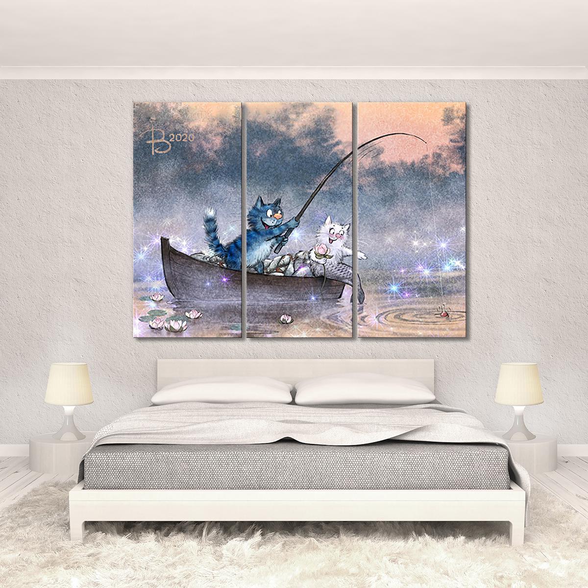 Модульная картина Подсекай. Особенности летней рыбалки 3 модуля 90x135 см