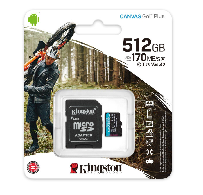 Картка пам'яті Kingston MicroSDXC 512 GB Canvas Go! Plus U3 V30 A2/SD-адаптер (SDCG3/512GB)