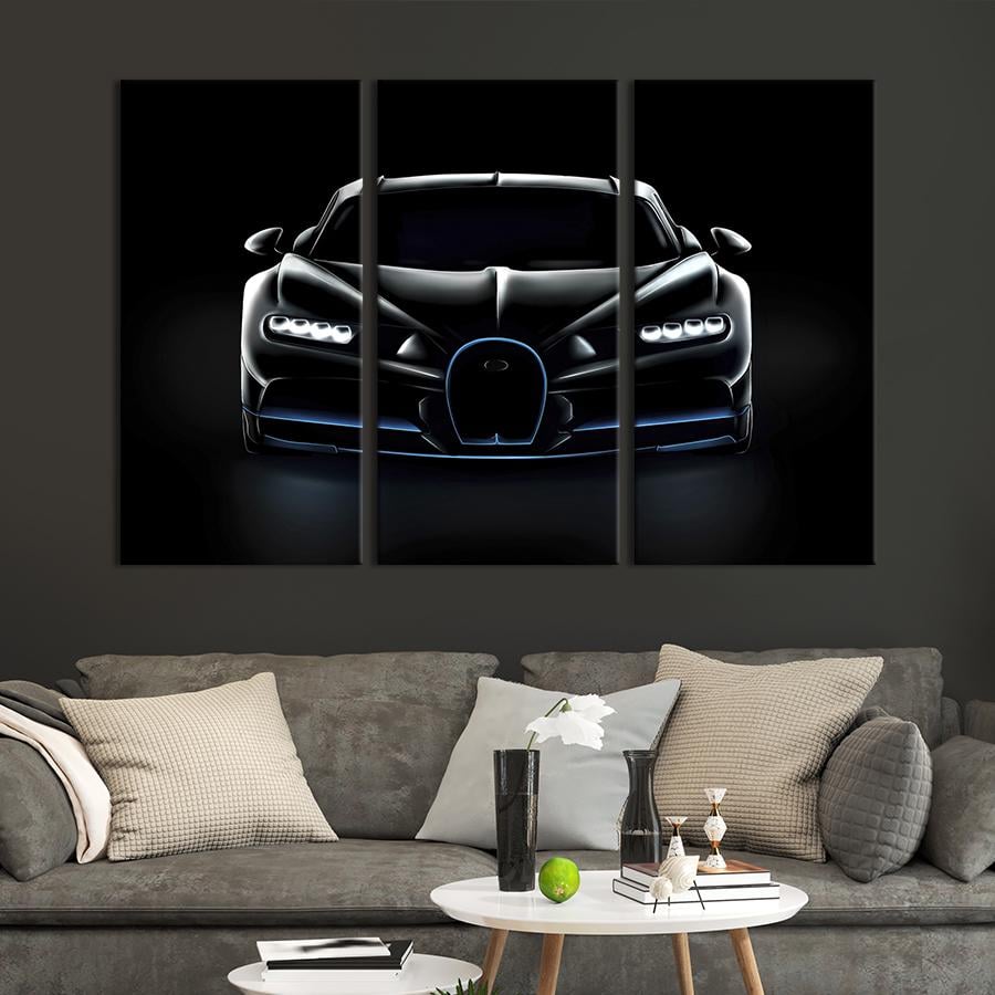 Картина на холсте триптих Чёрный суперкар Bugatti Chiron 156x100 см (1305-31)