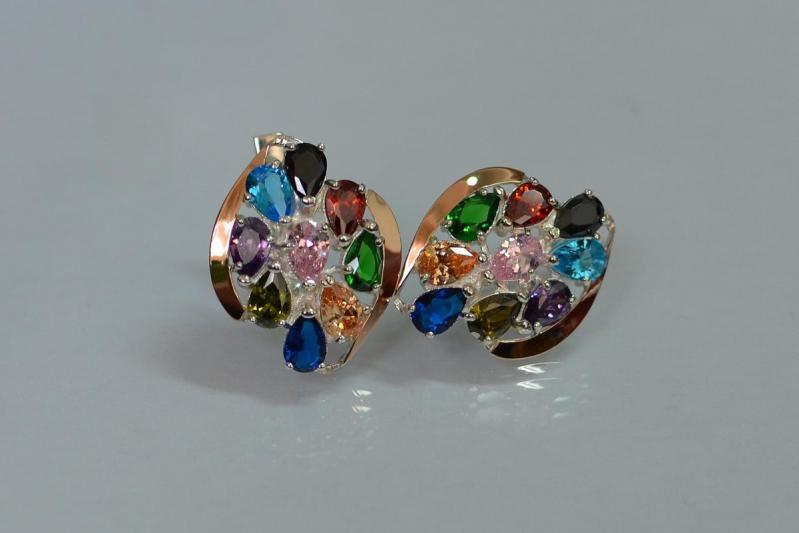 Серьги серебрянные Sil Myau с золотыми вставками 082s-1 Разноцветный (Sil-686)