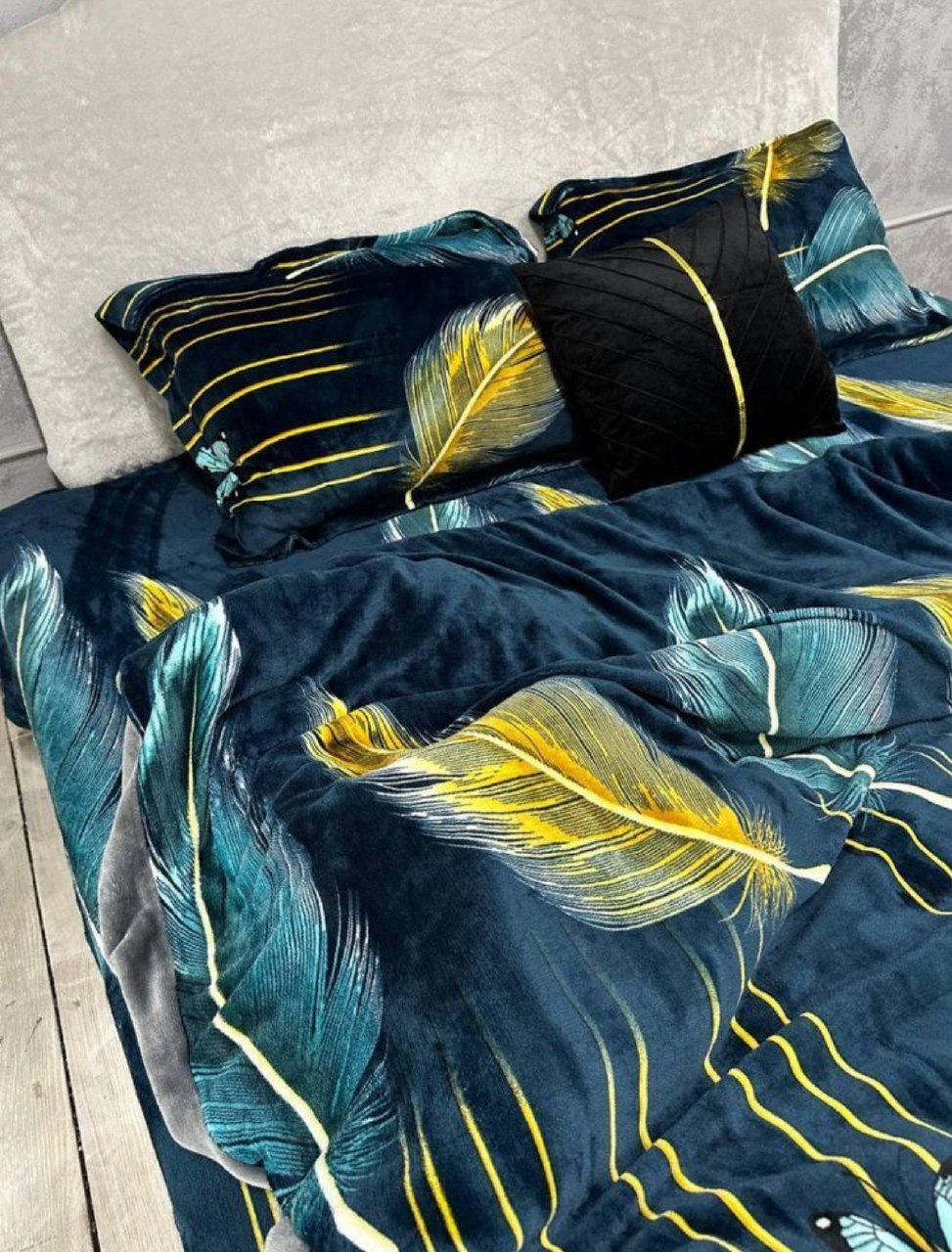 Постільна білизна плюшева мікрофібра пухнаста полуторний 50х70 см Темно-Синій із жовтим - фото 2 Постільна білизна плюшева мікрофібра пухнаста полуторний 50х70 см Темно-Синій із жовтим - фото 2