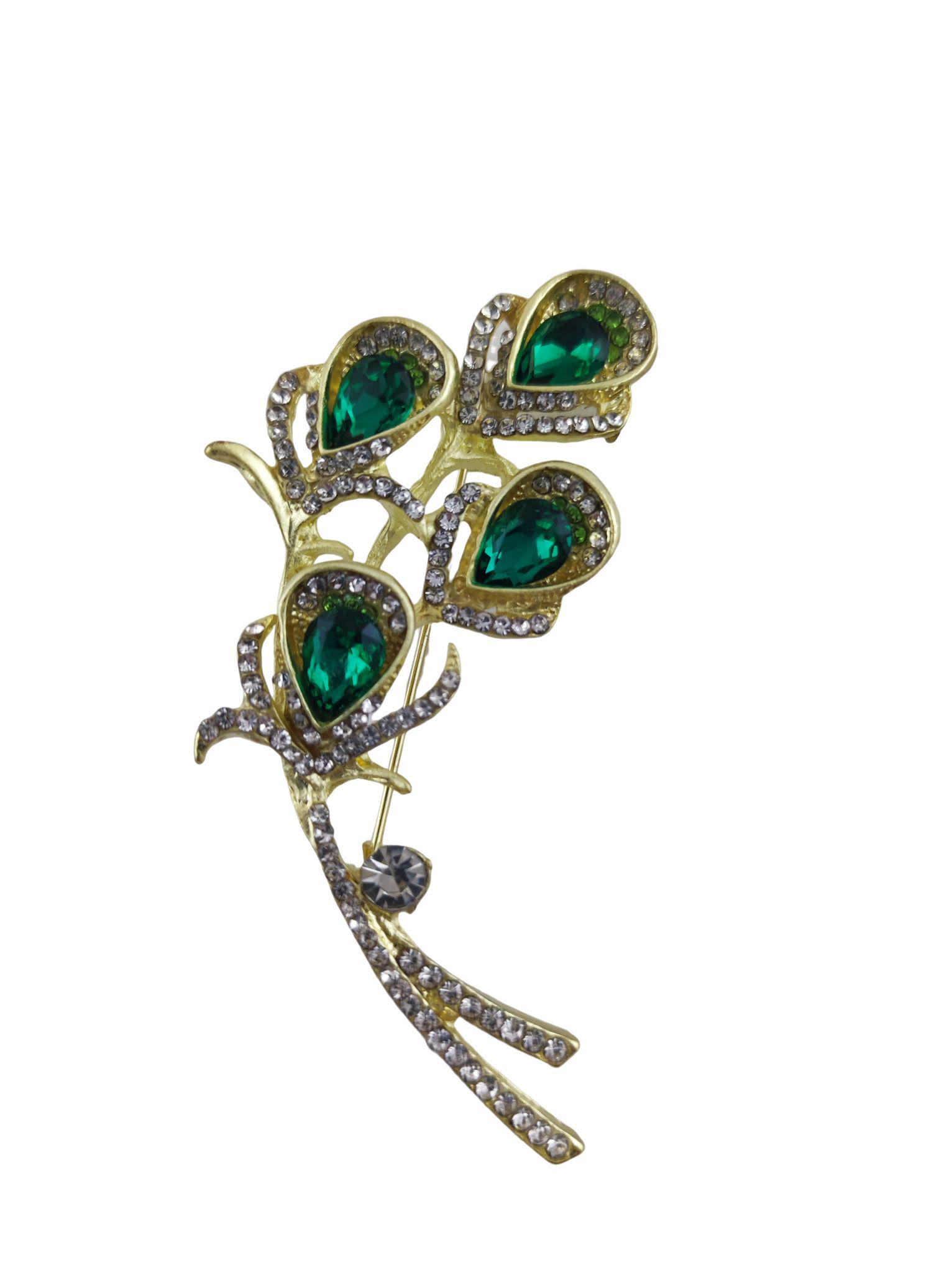 Брошь женская ProJewelry с камнем и стразами 7 см Зеленый (000039)