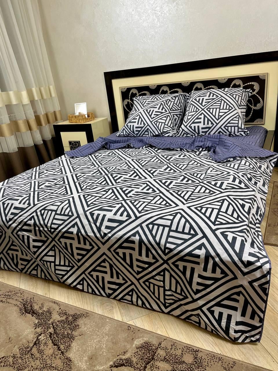 Комплект постільної білизни Візерунки бавовняний полуторний 150х220/70х70 см Синій з білим