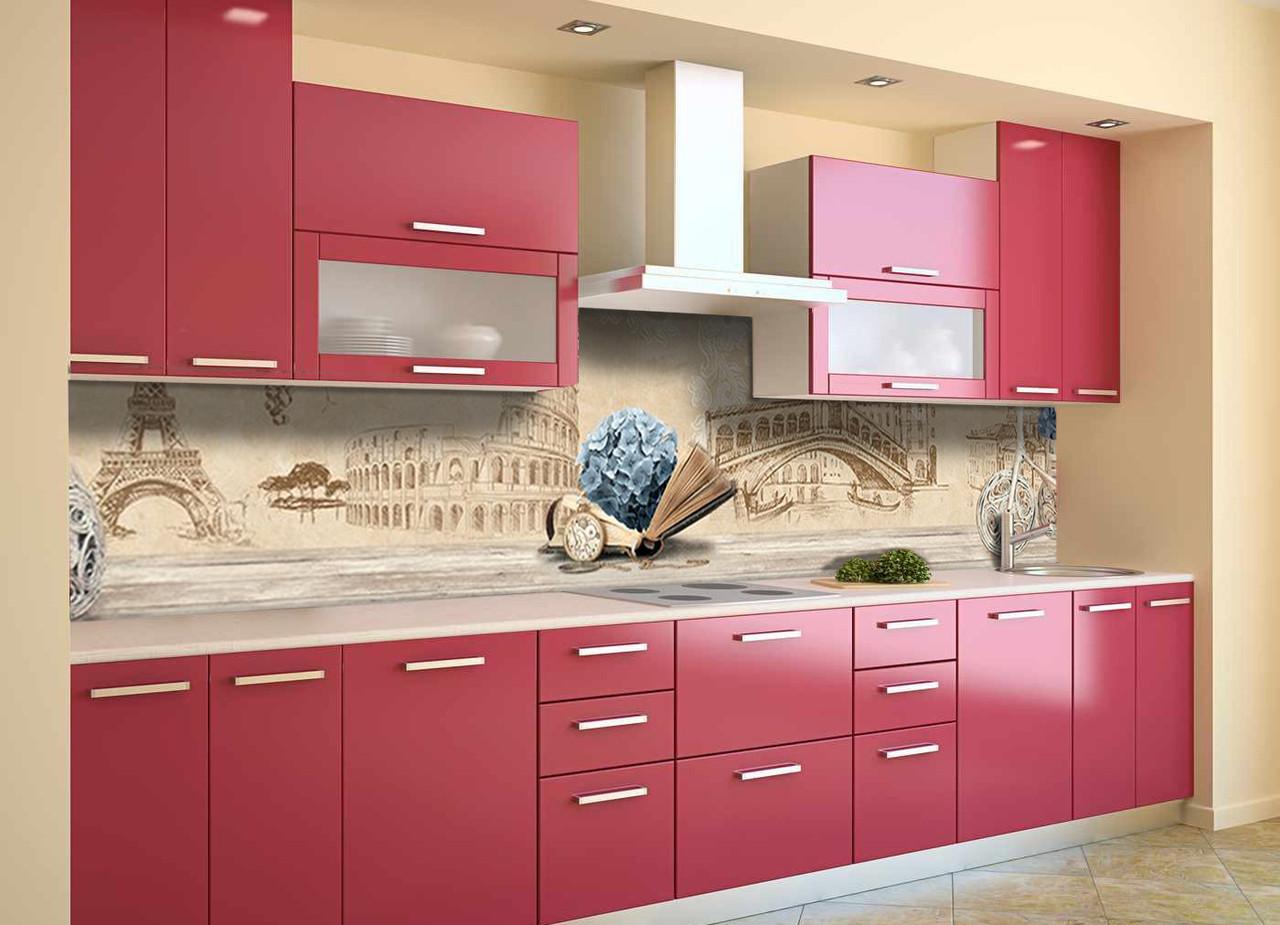 Кухонный фартук Винтажная архитектура из самоклеющейся виниловой пленки 60х300 см Бежевый