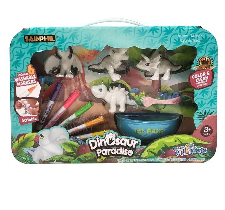 Розмальовка SP 8633 4 фігурки динозаврів 6 маркерів що змиваються ванночка та щіточка в коробці