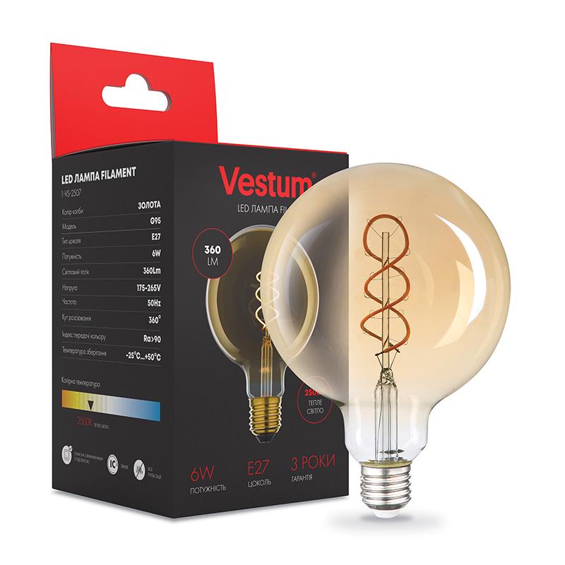 Лампа LED Vestum филамент винтаж golden t Wist G95 Е27 6 Вт 220 V 2500К