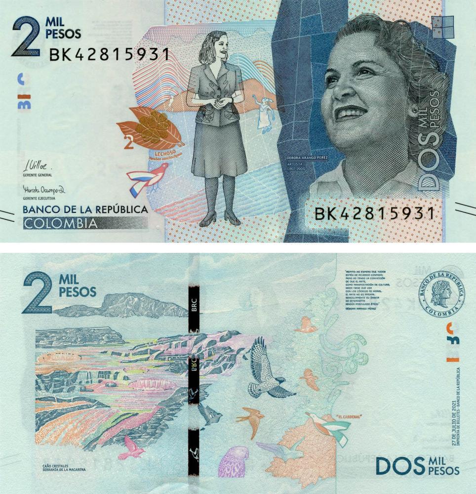 Коллекционная банкнота Колумбия 2000 песо 2021 UNC Птицы P458 (Б19133)