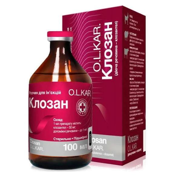 Клозан 5% O.L.KAR розчин для ін'єкцій від фасціолізу/нематодозу/гіподермозу/естрозу у худоби 100 мл