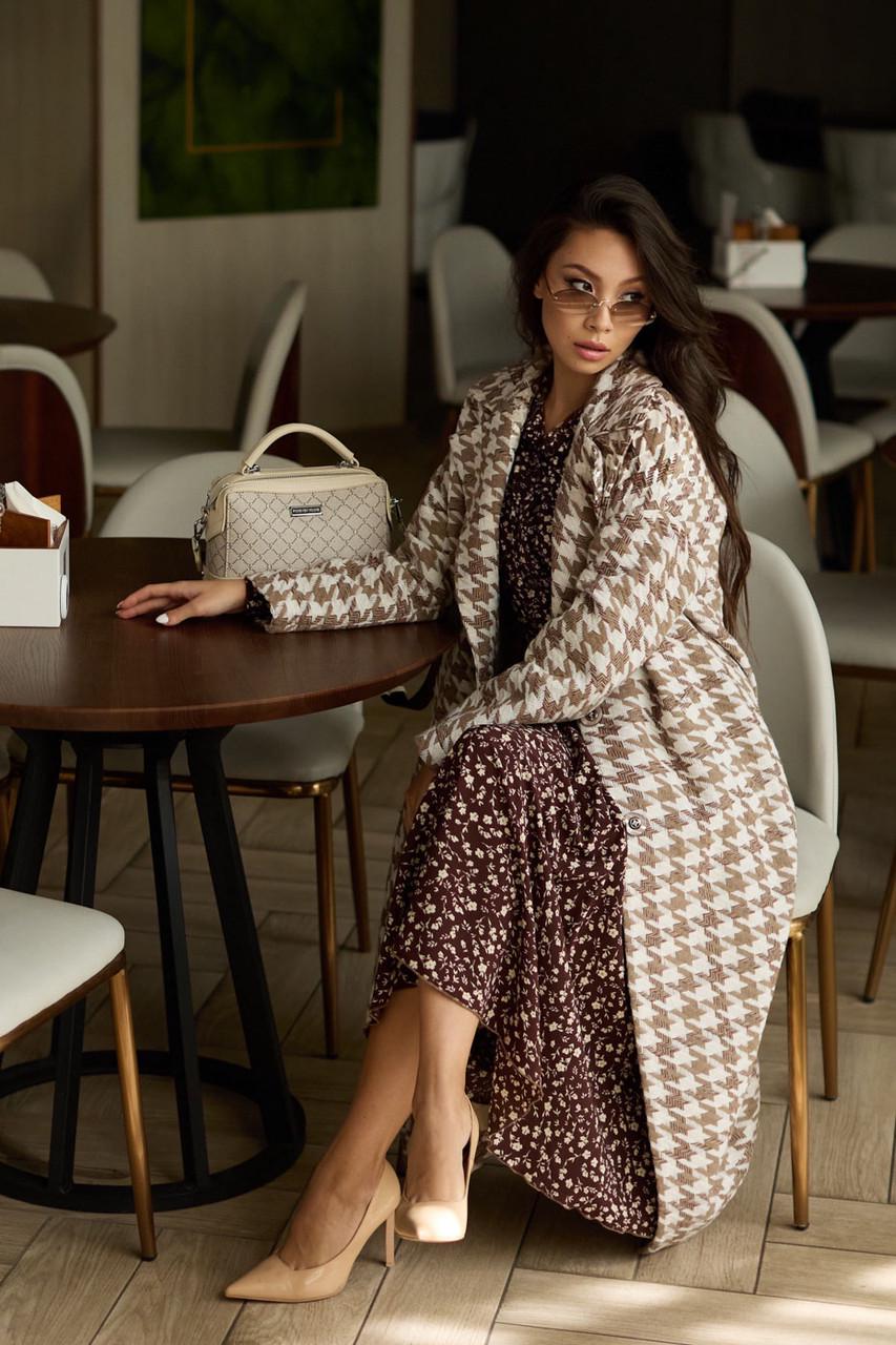 Пальто жіноче Seventeen в гусячу лапку S-M Коричневий з бежевим (1822980356) - фото 6