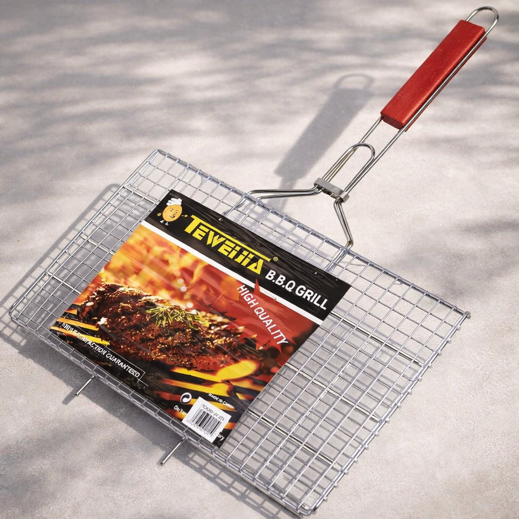 Решетка для гриля из нержавеющей стали с деревянной ручкой для мангала и барбекю 45х25х2 см (7026 н)