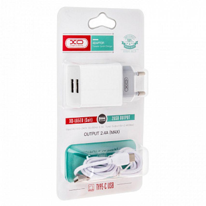 Адаптер Xo L65 2 USB/2.4A/Data Cable USB to Type-C White - фото 3