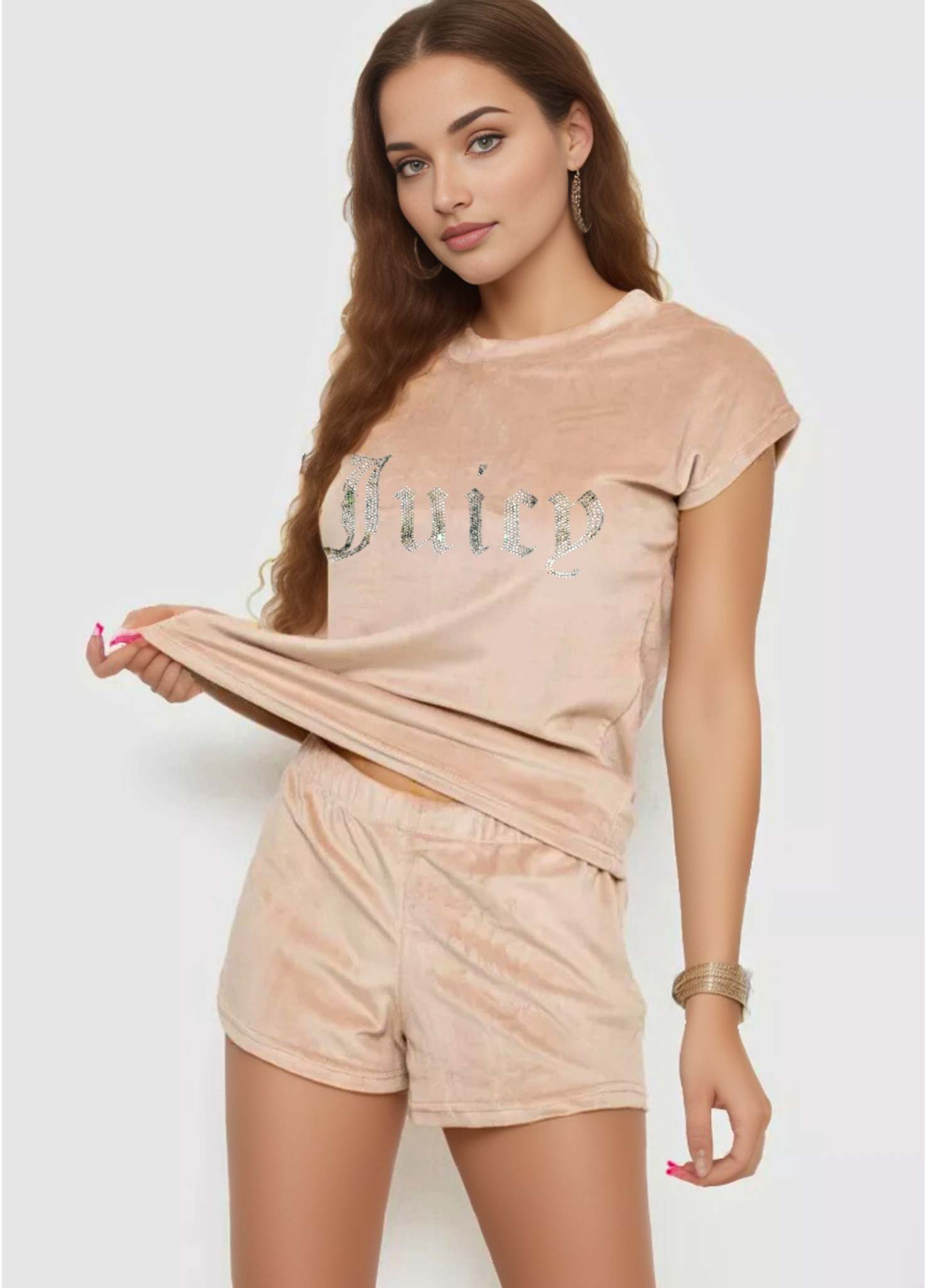 Пижама женская велюровая FS Juicy футболка/шорты S Beige (7609)