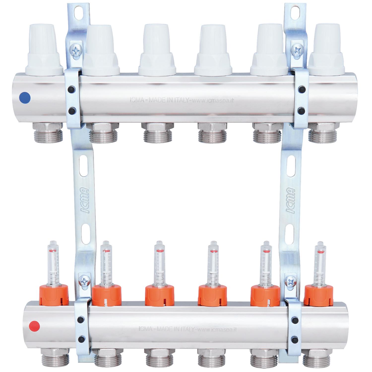 Коллектор для теплого пола ICMA 87K013PK06 6 контуров с расходомерами 1"/3/4" (78713) - фото 1