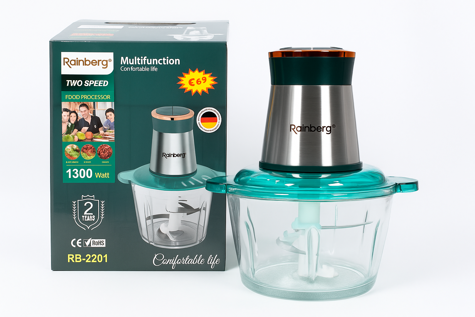 Блендер-измельчитель Rainberg RB-2201 1300 Вт 2 л из нержавеющей стали Зеленый (GR-05309)