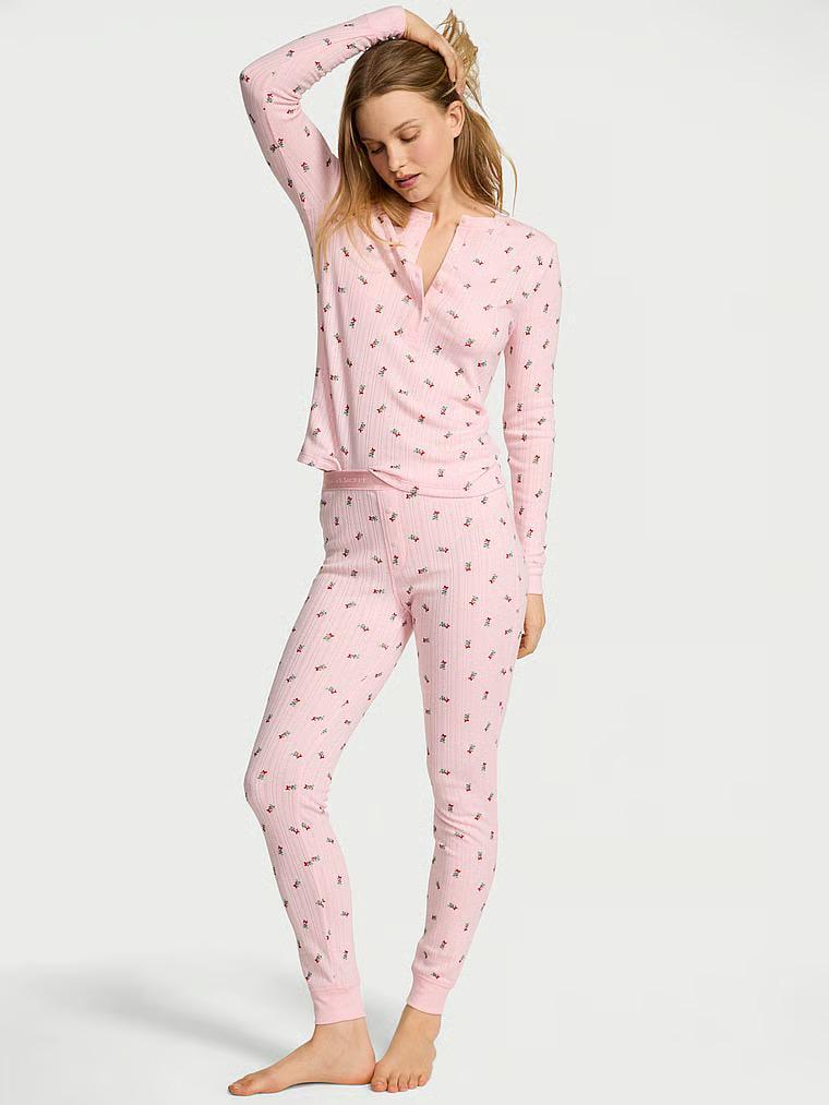 Пижама хлопковая Victoria's Secret Cozy Pointelle Henley Long Pajama Set Mistletoe Graphic Regular XS Розовый (27157366)
