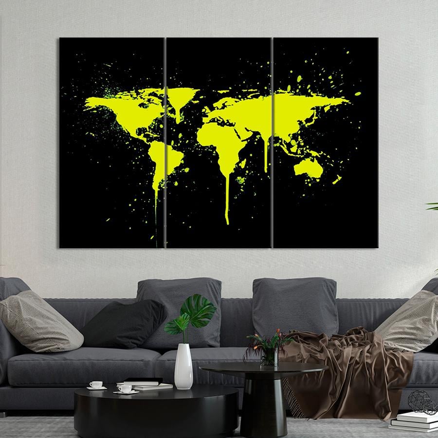 Картина карта Жёлтая карта мира на чёрном фоне 78x48 см (A1363-3)