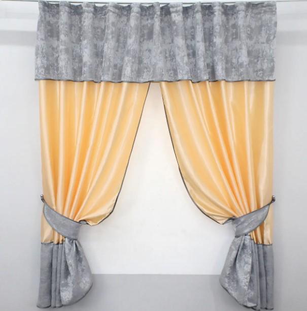 Шторки кухонные с ламбрекеном 270х170 см Персиковый/Серый (073к)