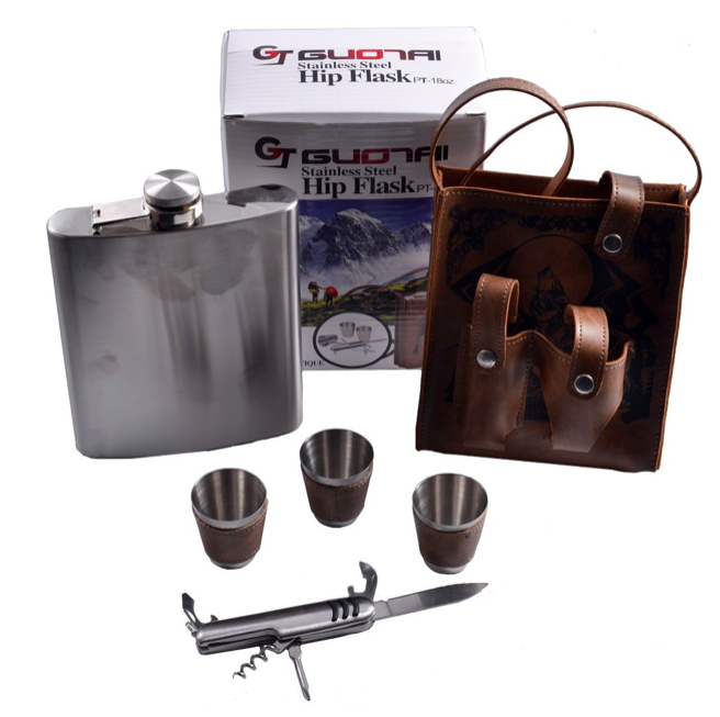 Фляга в чехле с 3 стаканчиками и складным ножом Волк 530 мл