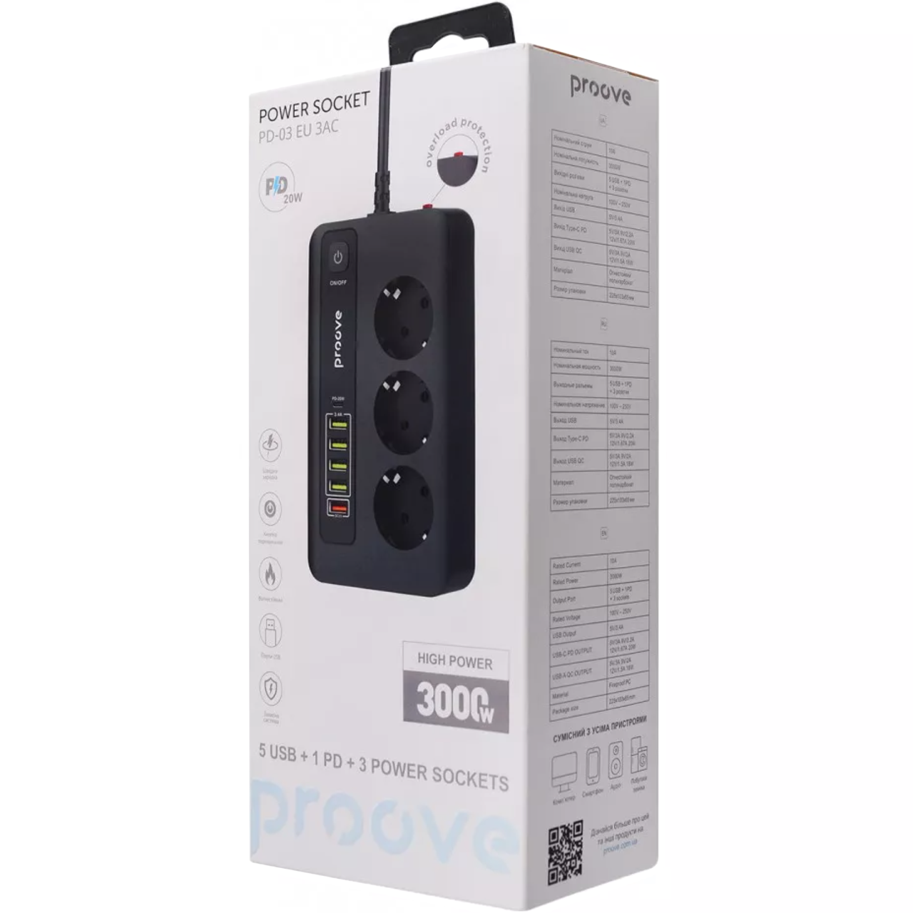 Подовжувач Proove Power Socket PD-03 3 Sockets 5 USB 1 Type-C 20 W 2 м Black - фото 5