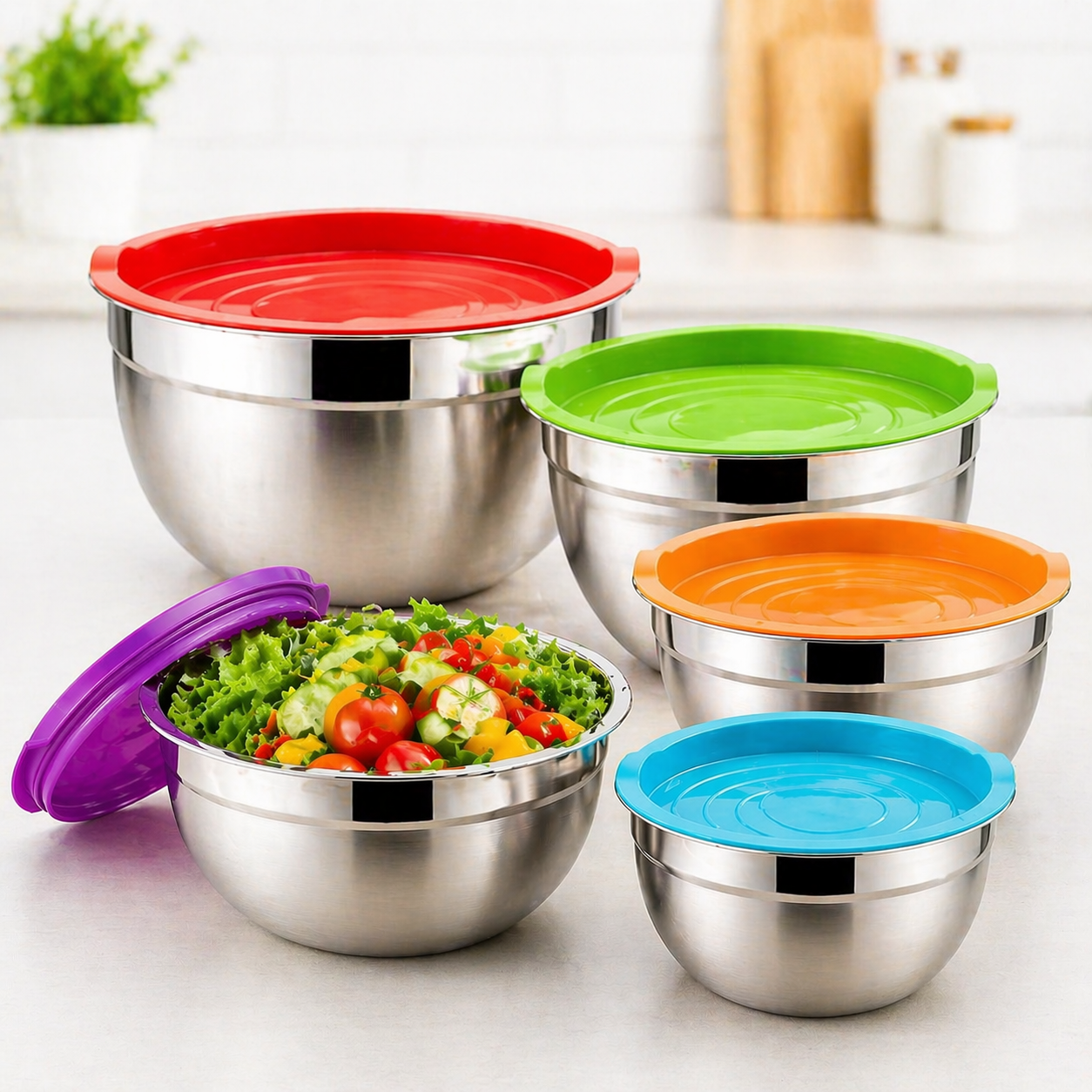 Набір мисок для змішування Edenberg з кришками нержавіюча сталь 5 шт. (34141307)