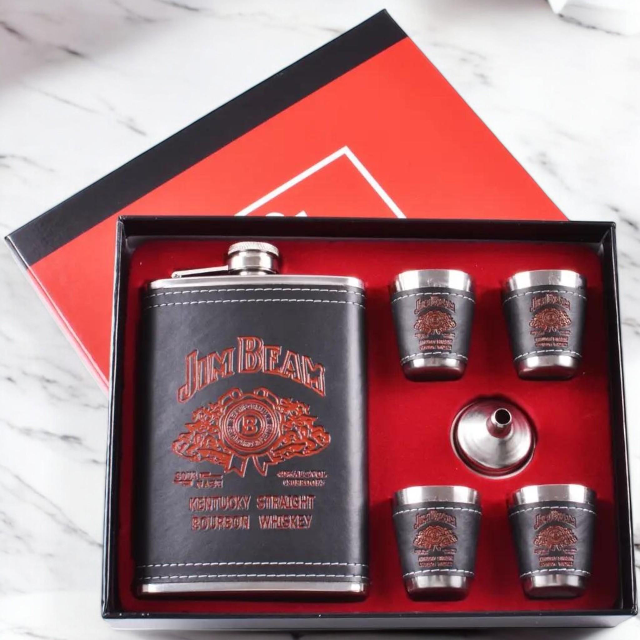 Набор подарочный MOONGRASS 6в1 Jim Beam фляга/лейка/стопки 4 шт. в коже (F_TZ-3-3)