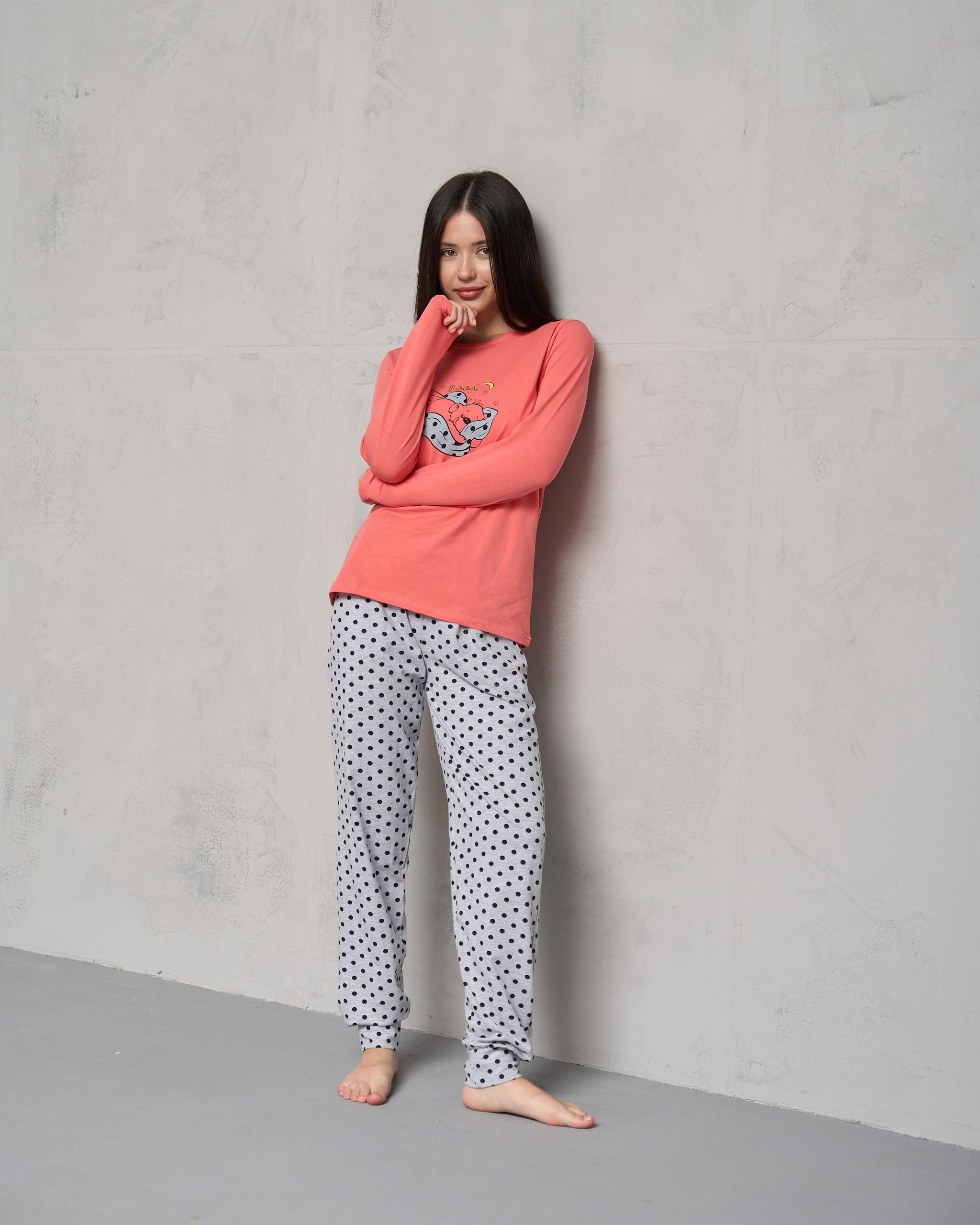 Пижама женская с брюками Горошек Мишка M Коралловый (96661)
