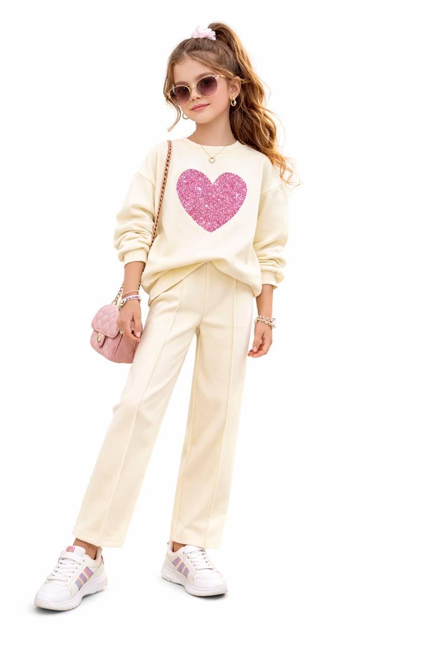 Костюм детский для девочки на флисе Снежана с сердцем свитшот и брюки 11-12 лет 164-170 см Молочный (20022031200)