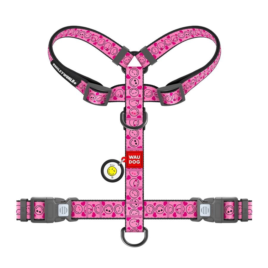 Шлейка для собак з QR-паспортом Waudog Nylon Смайли анатомічна H-подібна з пластиковим фастексом M 20 мм A 38-60 см/B 46-60 см Pink (344-0187) - фото 2