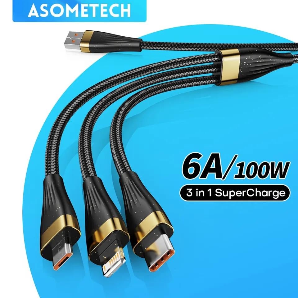 Кабель Asometech 100w Type-C/Lightning/microUSB - USB 125 см (25397465) - фото 2