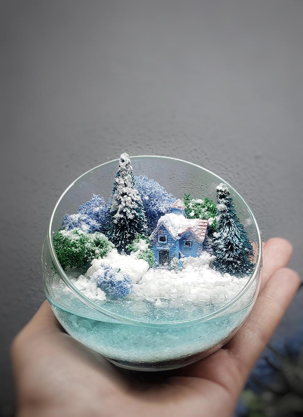 Флорариум Зимняя сказка с домиком елками и водоемом 10x9 см