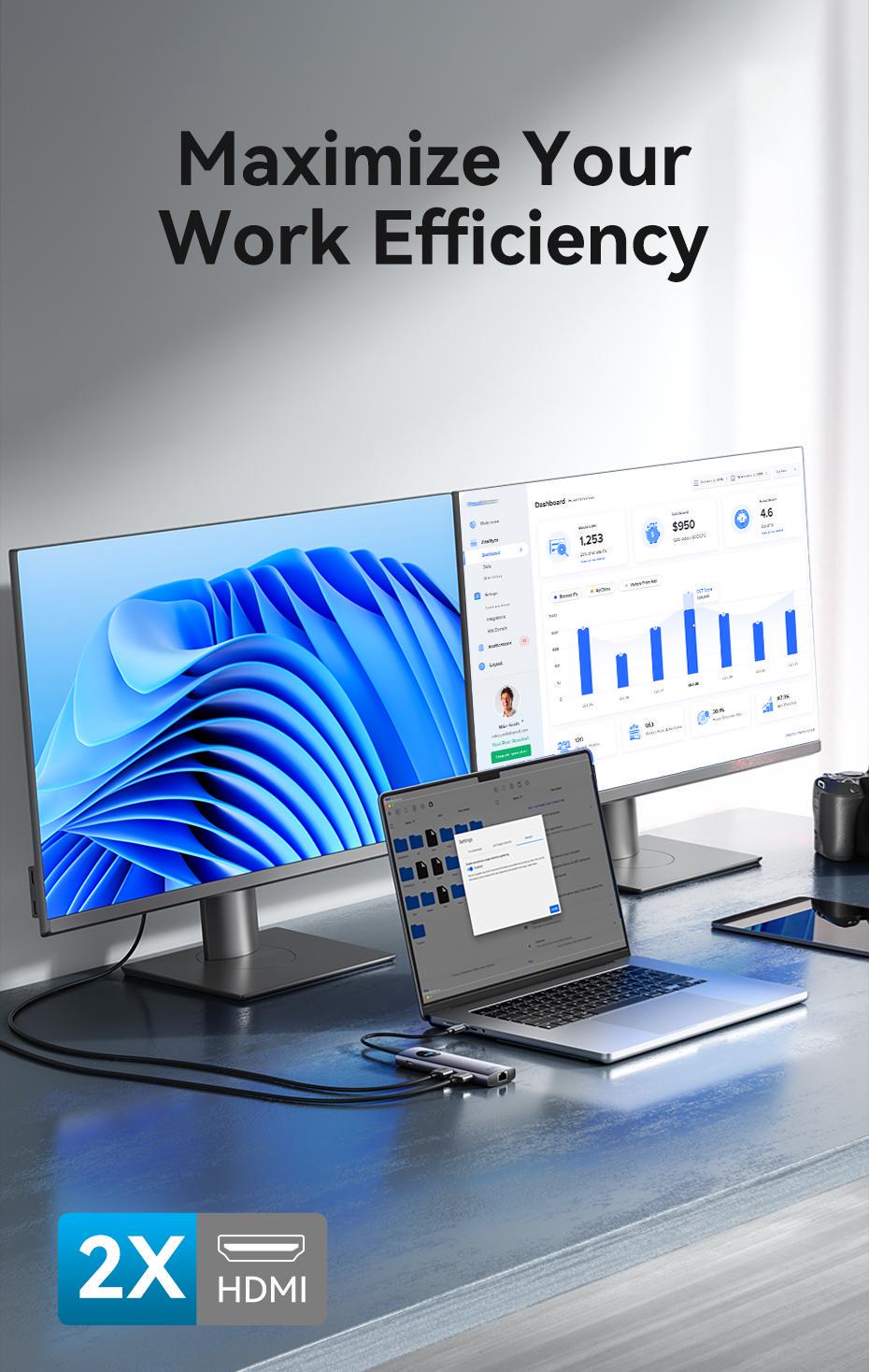 Док-станція Vention USB-C MST 2xHDMI 4K 60Hz PD 100W Gigabit Ethernet USB 3.0 SD/TF 0.15 м Сірий (TQVHB) - фото 6